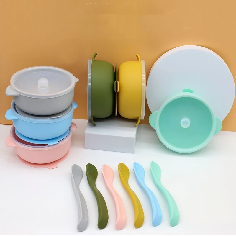 ETOP】 [0-3 years old] 2 Pcs BPA Free Silicone Waterproof Baby Suction Bowl  Training Spoon Set Non-Slip Learning Feeding Dish Plate Utensils