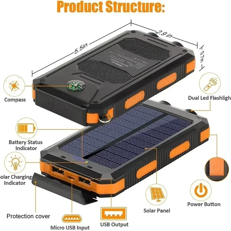 NEW 200000mAh Solar Power Bank Portable Charging Poverbank External Battery Charger Strong Light LDE Light for All Smartphones 6