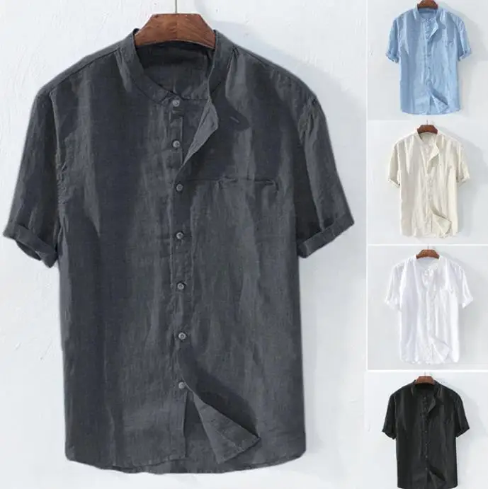 

Летняя рубашка с воротником-стойкой, хлопковая Льняная мужская одежда