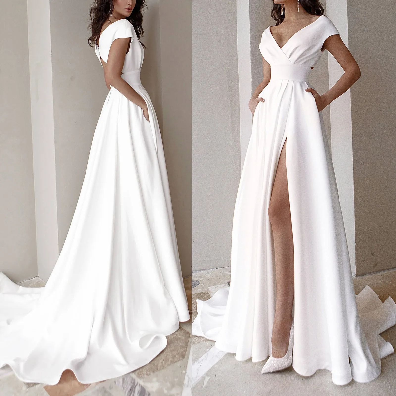 Sexy Backless V-Neck Long-Sleeve Evening Dress Split Floor-Length Formal Occastion Women Vestidoes Sequin Embroider Party Robes