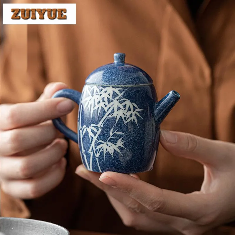 

100ml Handmade Blue Galze Porcelain Teapot Antique Hand Painted Bamboo Pot Tea Making Kettle Cha Teaware Accessories Ornaments