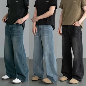 Nuovi pantaloni in denim da uomo primavera autunno Jeans casual lavati blu vecchio Abbigliamento da uomo Pantaloni larghi a gamba larga di colore a contrasto di nuova moda 1