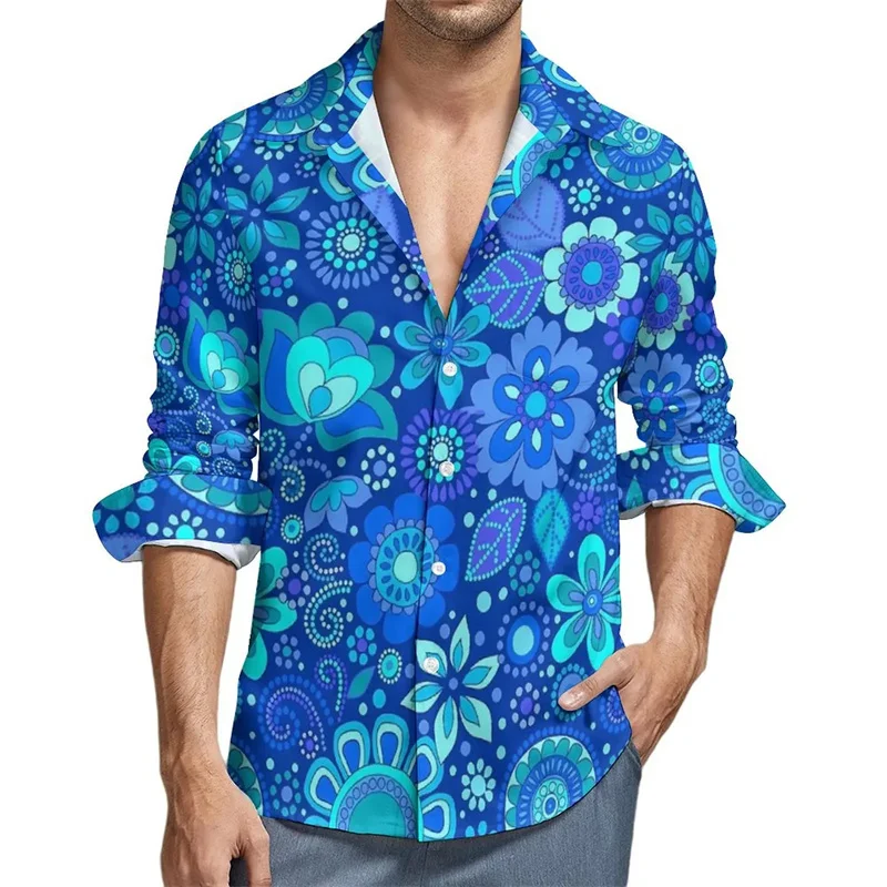 

Рубашка мужская с длинным рукавом, модная уличная одежда в стиле Харадзюку, с 3D принтом синих цветов, крутые Топы с длинным рукавом, Осень-зима