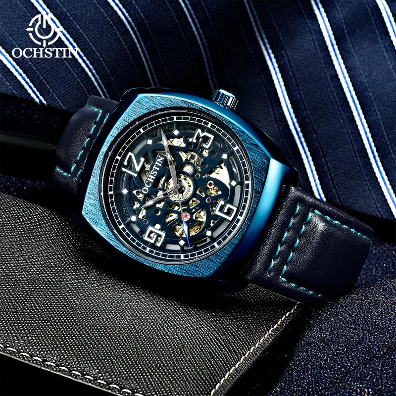 OCHSTIN 2022 Mens Automatic Watches Skeleton Steampunk Mechanical Leather Male Clock Vintage Blue Square Relogio Masculino 44mm зонт унисекс xiaomi zuodu automatic umbrella led blue