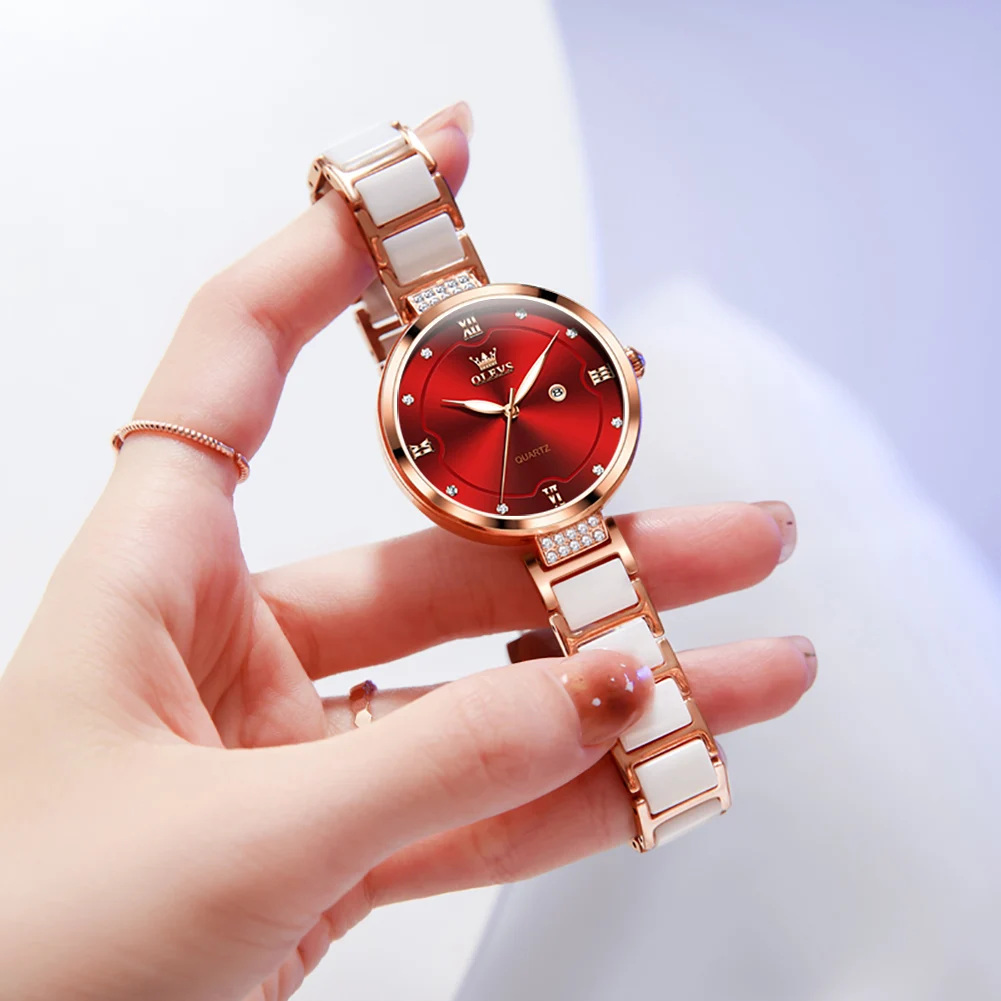 

OLEVS Fashion Womens Red Quartz Watches Top Brand Luxury Ceramic Calendar Sport Waterproof Women Watch Reloj Mujer New