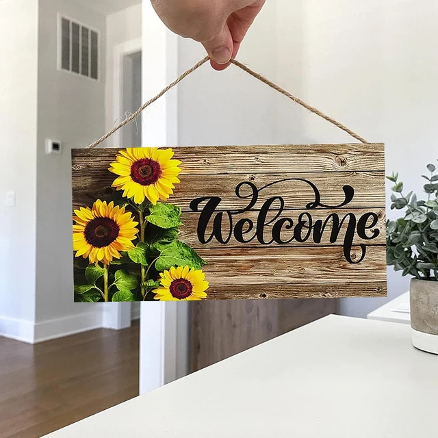 Rustic Sunflower Welcome Wall Hanging Decor Wood Art Plaques Sign Door Sign for Home Living Room Kitchen Decor