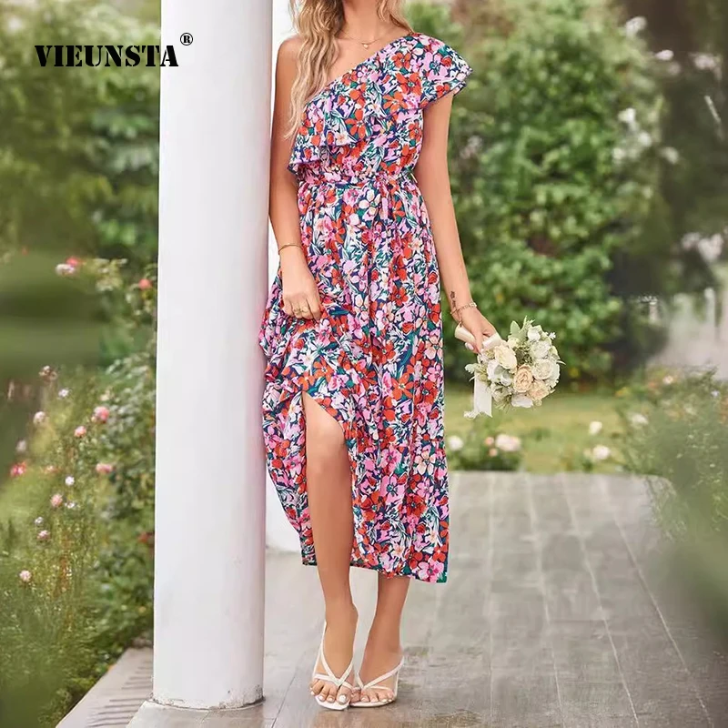 

Sexy Ladies Oblique Collar Ruffle Sleeves Elegant Dress 2024 New Print Lace Up Slim Fit Ruffle Edge Skirts Women's Summer Dress