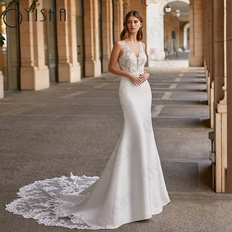 

Oyisha Spaghetti Straps Satin Robe De Mariée bohème V-Neck Mermaid Bride Gowns Lace Appliques Backless Wedding Dresses For Women