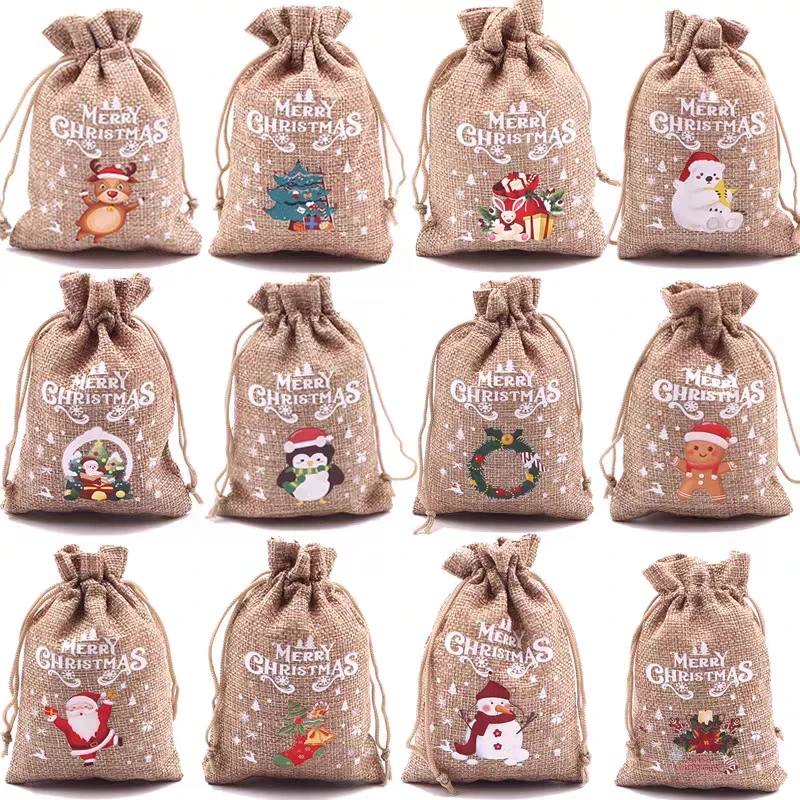 

2023 Christmas Gift Packaging Bag Candy Cookie Busicuit Pouch Jute Drawstring Burlap Bag for Festival Eco-friendly Multiple Size