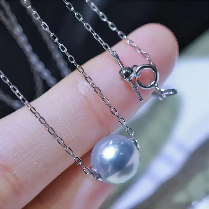 

Hengsheng 925 Silver Chain Necklace Pendant 9-10mm Akoya Grey Blue Pearl Near Round Fine Wedding Jewelry Accessories For Women