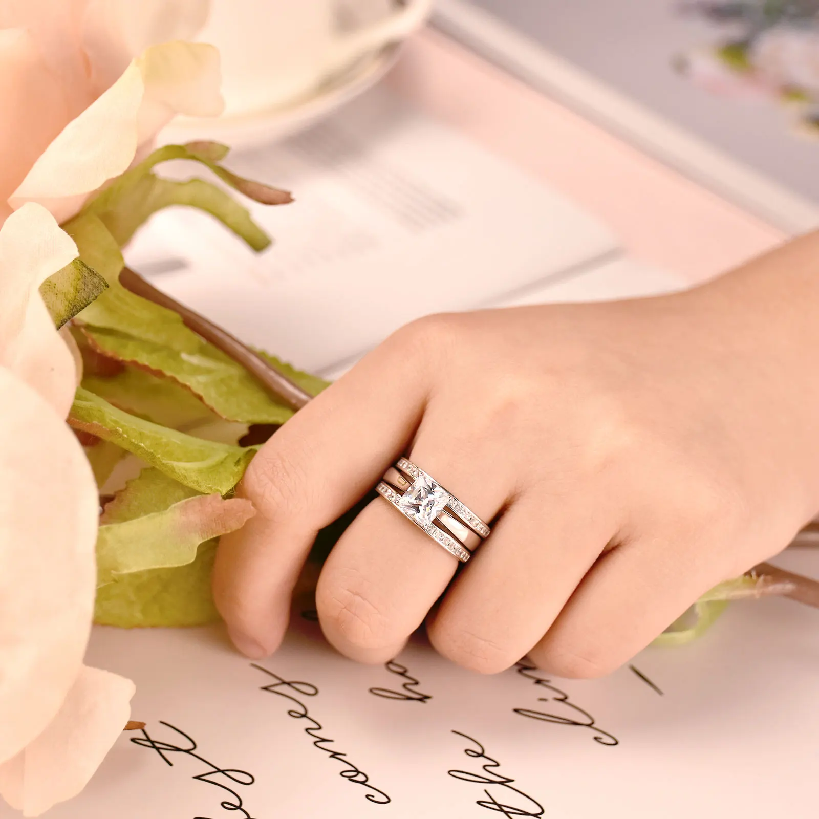 Newshe Solid 925 Sterling Silver Wedding Rings for Women Solitaire Princess Cut Engagement Ring Eternity AAAAA Zircon Guard Band 4