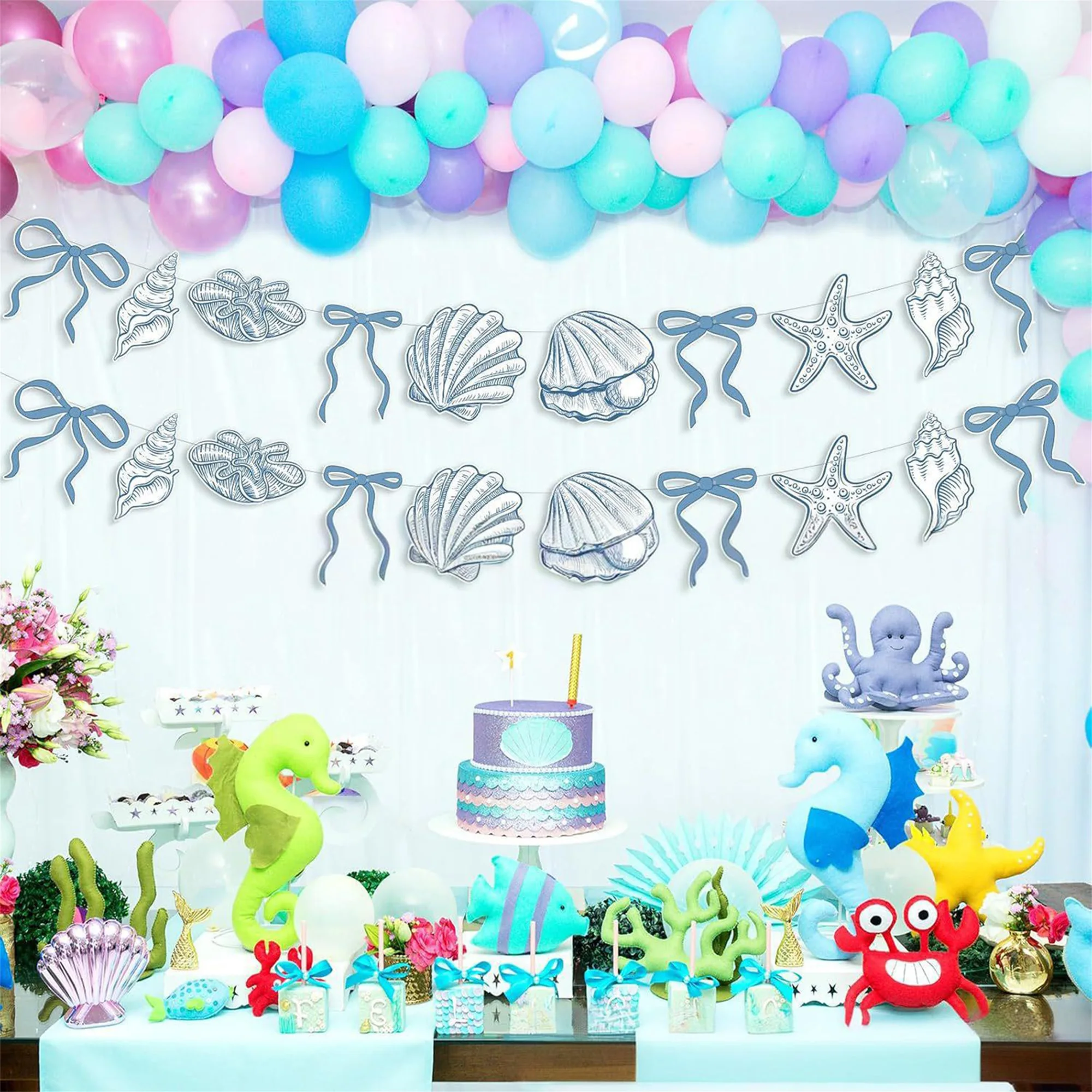 Coastal Party Decorations 2Pcs Seashell and Starfish Garland Set Paper Banner Hanging Beach Themed Party Supplies