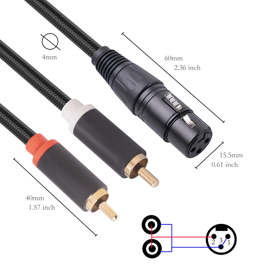 XLR Female To Dual RCA Male Audio Cable Anti-interference Adapter Cable 1m 2m 3m for Mixer Power Amplifier Mic Speaker Cable