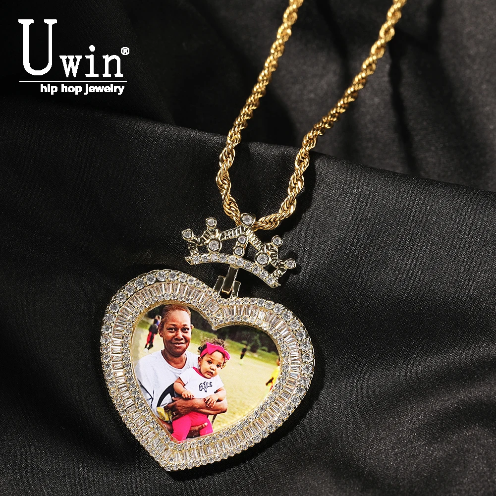 

Uwin Crown Heart Custom Photo Memory Medallions Pendant Picture Necklace For Women Iced Out Cubic Zirconia Hip Hop Jewelry