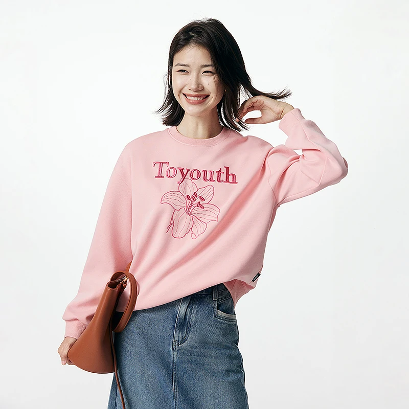 Toyouth Women Sweatshirt 2023 Autumn Long Sleeve O Neck Loose Hoodie Letter Flower Embroidery Casual Comfort Five Colors Tops