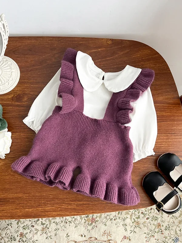 

2024 Korean Girls Baby Knitted Ruffles Overalls Pants Shorts Rompers ,fashion Kids Children Autumn Winter Clothes Knit Bodysuits