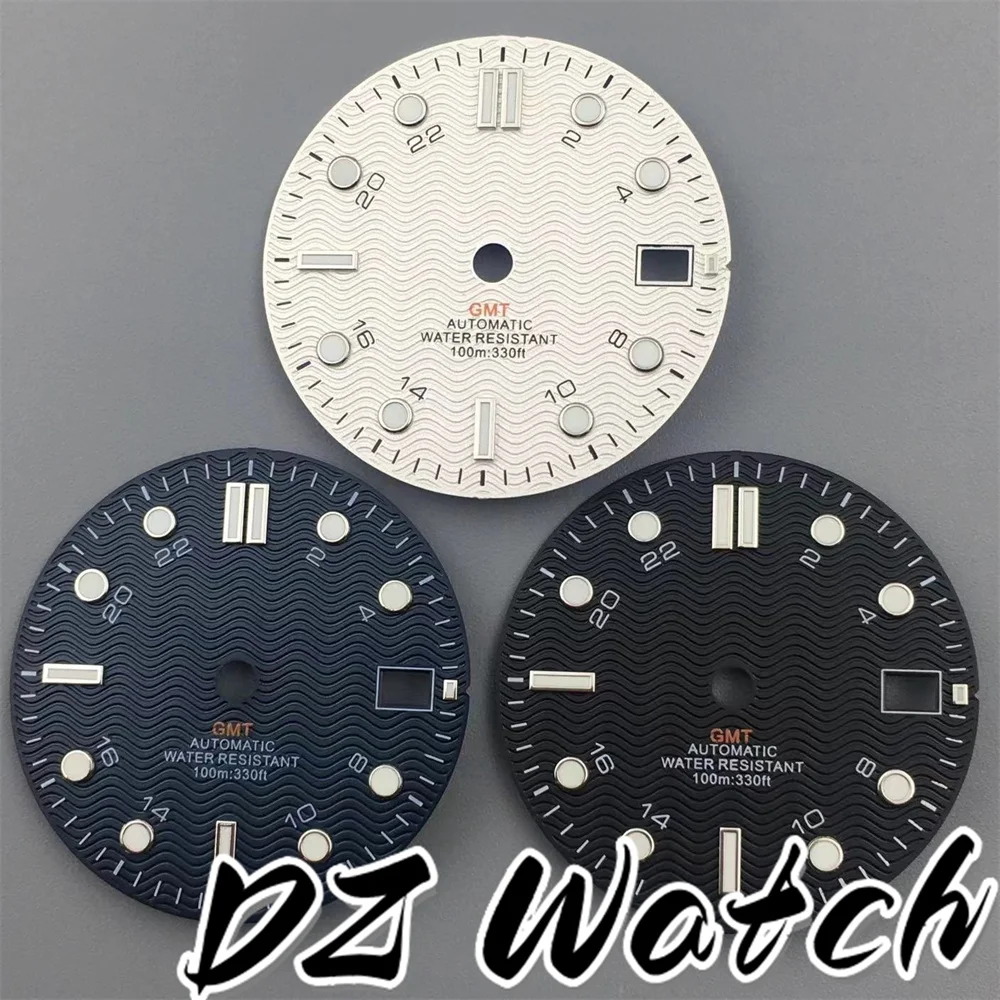 Men's Watch Dial - Black Blue White Wave Design with Green Luminous and Date Window