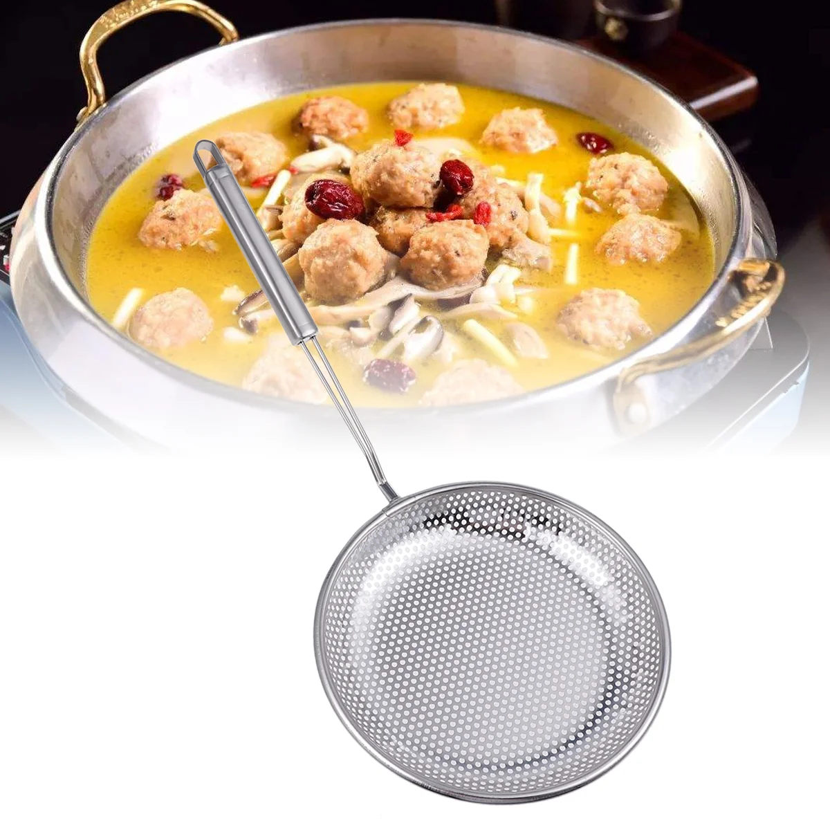 

Stainless Steel Slotted Spoon Hot Pot Colander Ladle Metal Kitchen Sets Oil Filter Appliance