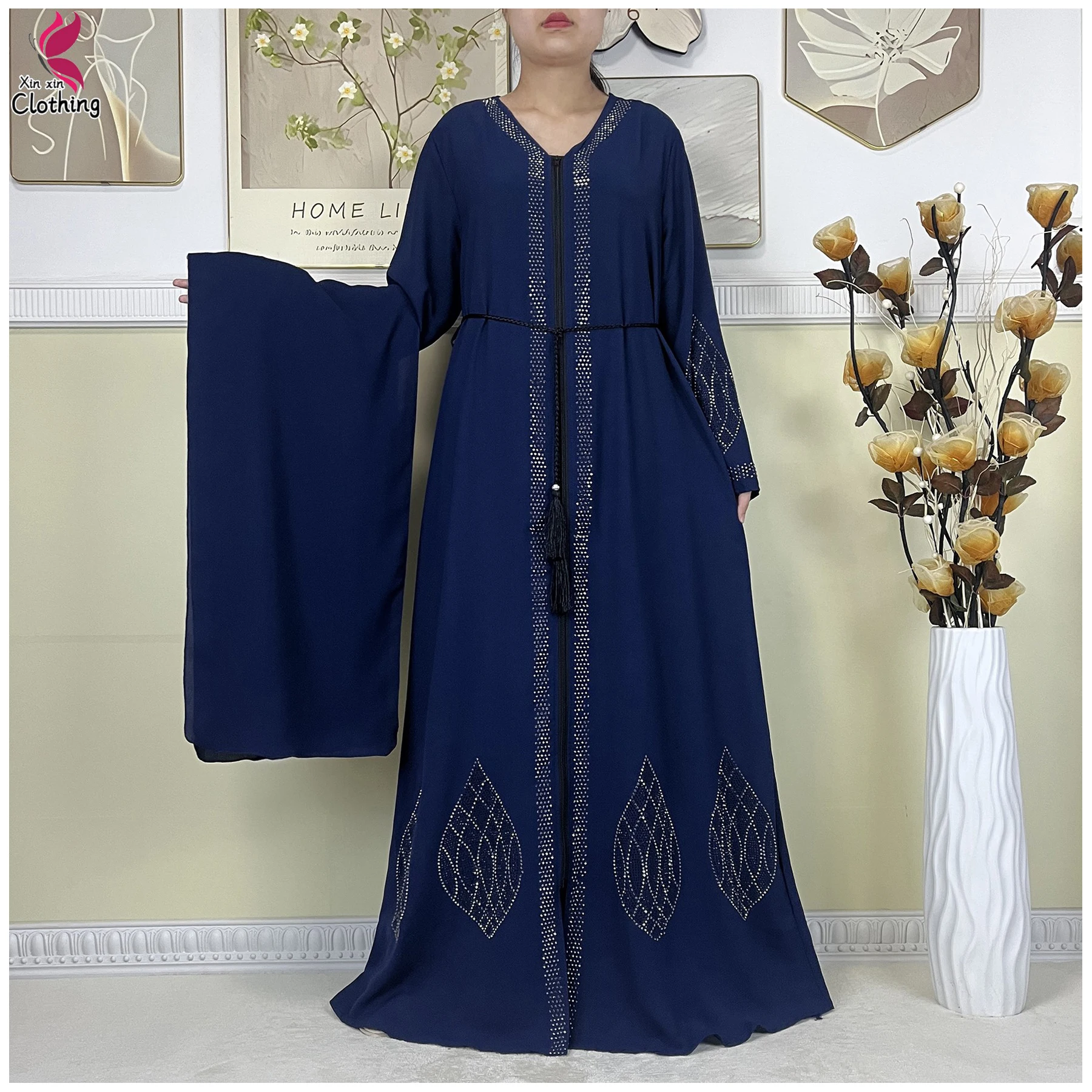 2025 New Dubai Muslim Elegant Party Dress Open Zipper Abaya Islam Women Clothing Long sleeves Loose Chiffon Fabric African Dress 1