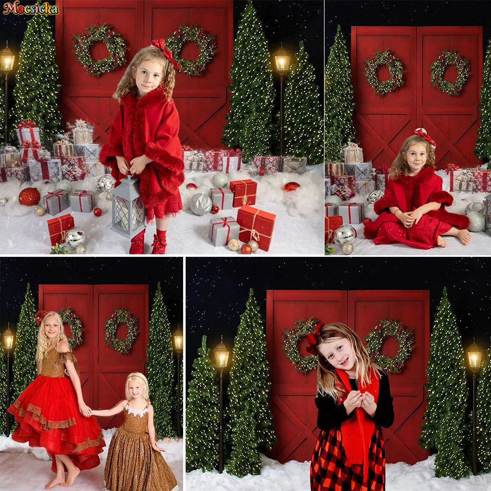 

Christmas Red Door Backdrop for Photography Xmas Tree Snowy Night Wreath Street Lamp Decor Background Kids Portrait Photo Studio