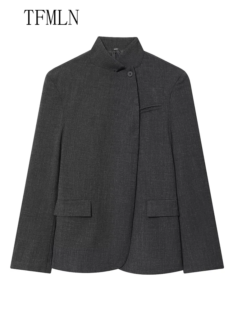 Fashion Women Loose Blazer Jackets 2025 Autumn Office Ladies Single Button Pockets Chic Coats Retro Long Sleeve Asymmetrical Top