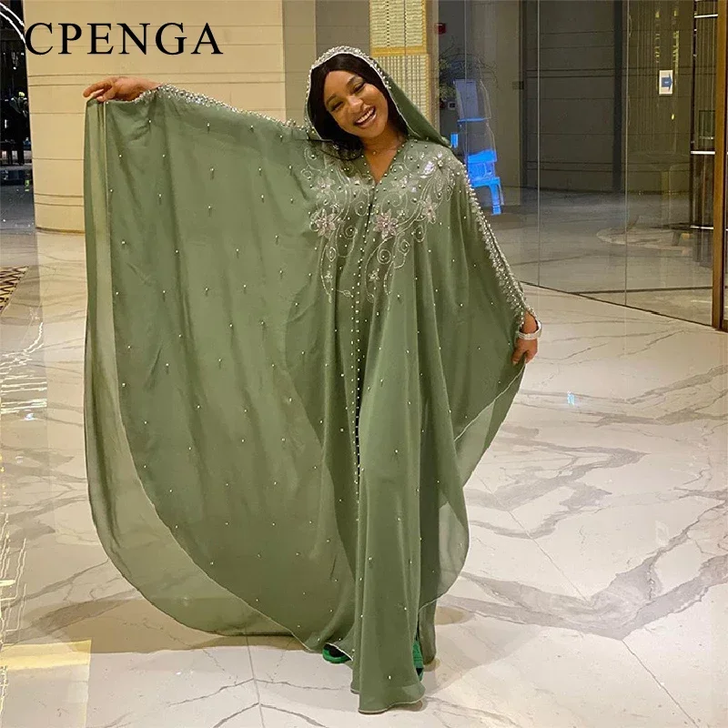 New Muslim Robes Ladies Abaya African Dresses for Women Summer Chiffon Pearl Long Maxi Dress Traditional Clothing Plus Size
