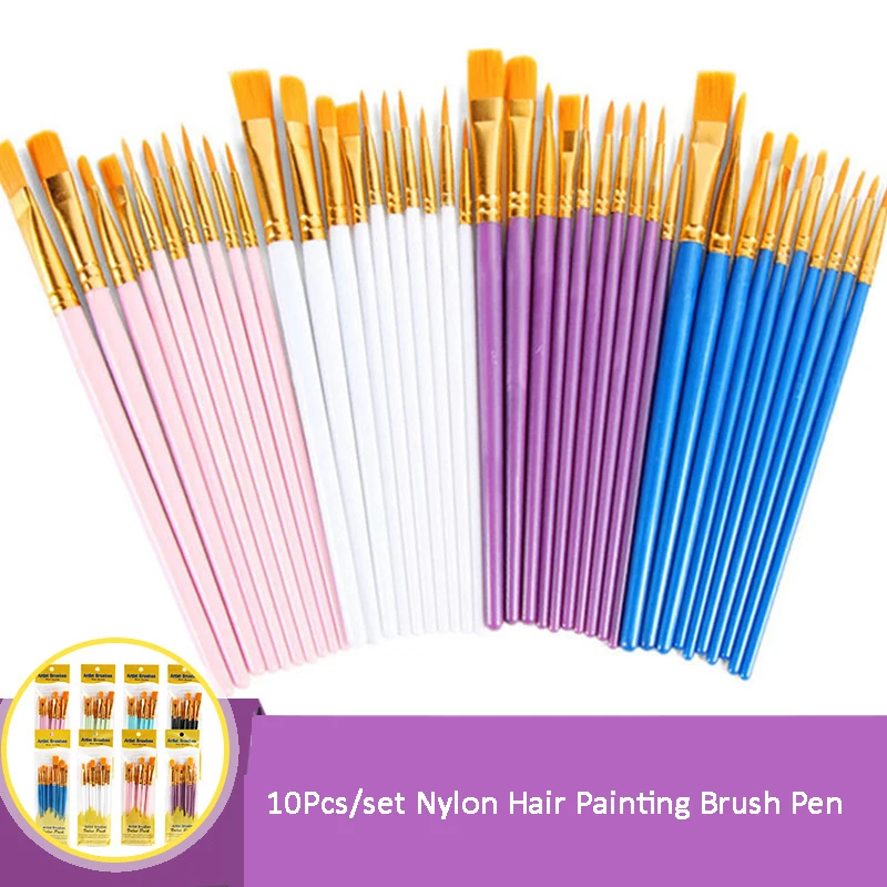 

10Pcs Paint Brushes Set Art Round Flat Nylon Hair Brush Pen For Oil Acrylic Watercolor Drawing Writing Art Supply Painting Tool