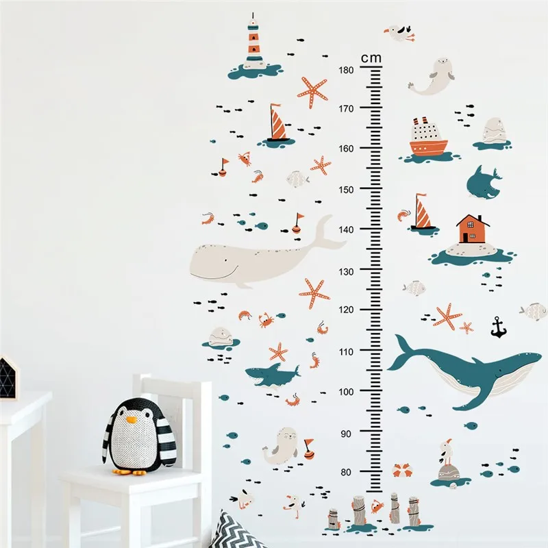 

Cartoon Whale Starfish Sealifes Wall Sticker For Measuring Height Ocean Mural Art Kids Room Decoration Diy Home Decal Pvc Poster