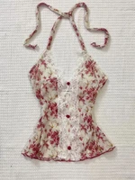 2025 été femme Floral licou dentelle Blouse 2025 Vintage Sexy Slim Fit fée mode coréenne femme hauts tenues Style élégant 1