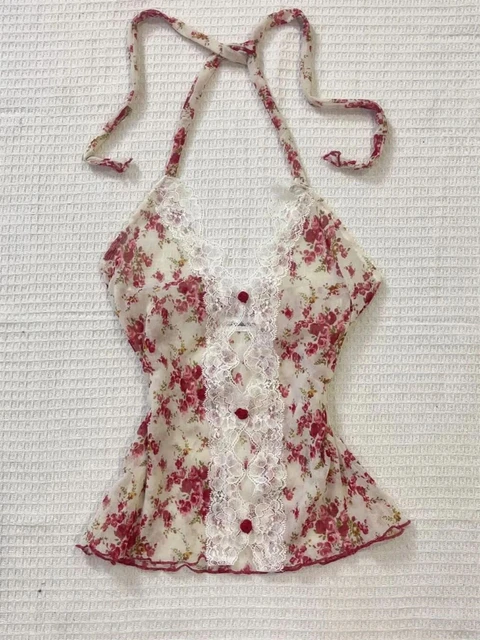 2025 été femme Floral licou dentelle Blouse 2025 Vintage Sexy Slim Fit fée mode coréenne femme hauts tenues Style élégant 1