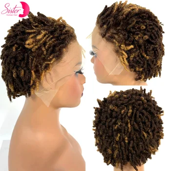 Parrucca Bob Corta Ricci Crespi con Frontale in Pizzo 13x4, Effetto Highlights, 250% Densità, con Dreadlock Intrecciati, in Capelli Umani, Colorata, Afro Ricci, per Donna