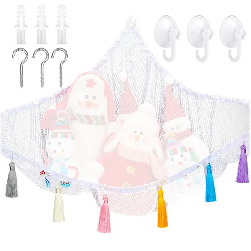 

Сетчатый гамак с набивными животными, тканый белый угловой гамак в стиле бохо для игрушек, с цветными кисточками и крючками, для домашнего хранения