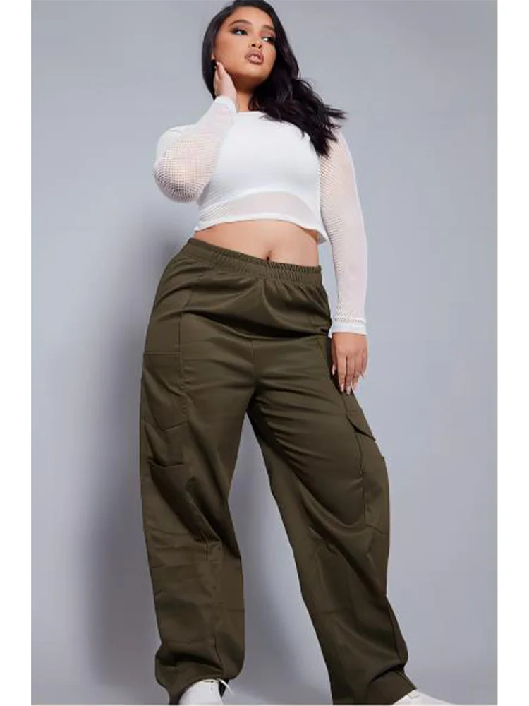 Plus Size Women Cargo Pants High Waist Straight Trousers Solid American Retro Style Loose High Street Full Length Y2k Pants individualized street hip hop american retro gradient pink jeans autumn high waist zipper button pocket washed straight trousers