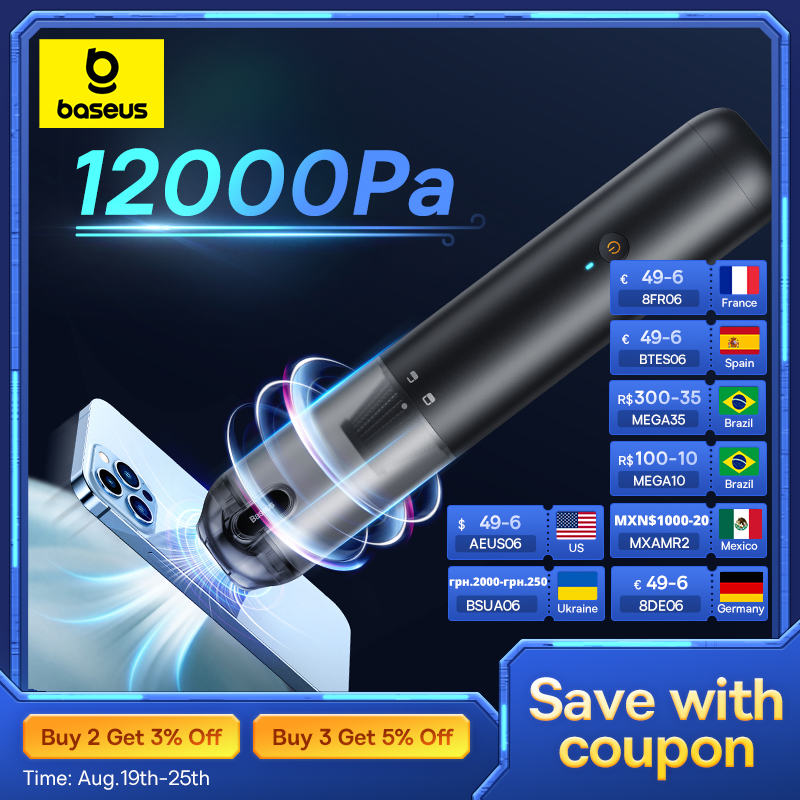 Baseus 4in1 12000Pa Wireless Car Vacuum Cleaner Mini Air Blower & Compressor Portable Powerful Automotive Vacuum Cleaner for Car