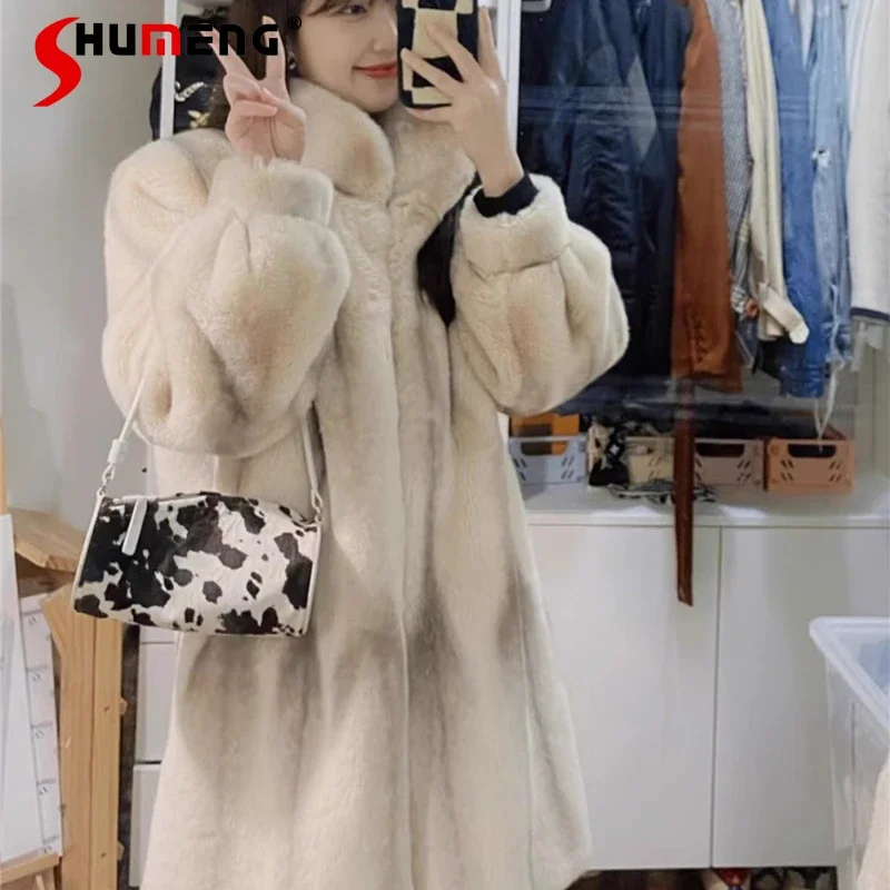 

Retro Cross Mink Environmental Protection Fur Coat Female Winter Fur Integrated High Sense Faux Furry Long Below The Knee Jacket