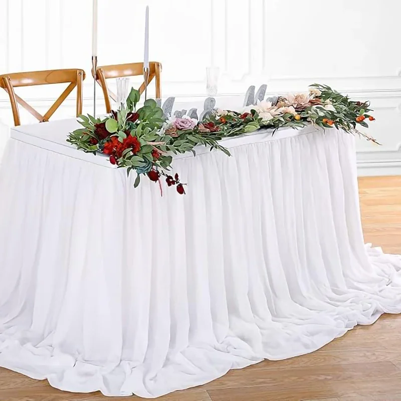 White Chiffon Table Skirt Rectangle Table Sheer Tablecloth 1Pcs Baby Shower Birthday Party Wedding Cake Table Decoration