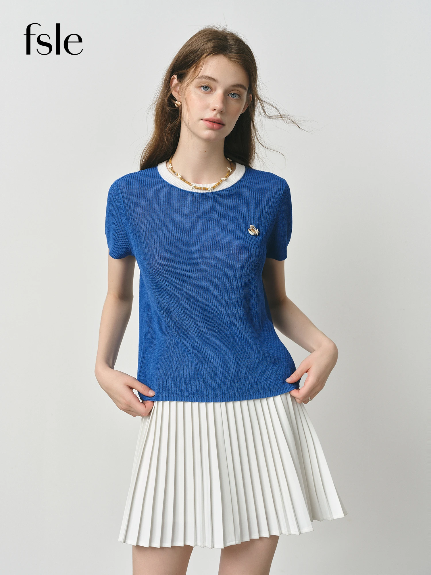 FSLE Nautical Style Blue Tencel Linen Knit Top for Women 2025 Summer New Arrival Short Sleeve Tops Pullovers 25FS12882