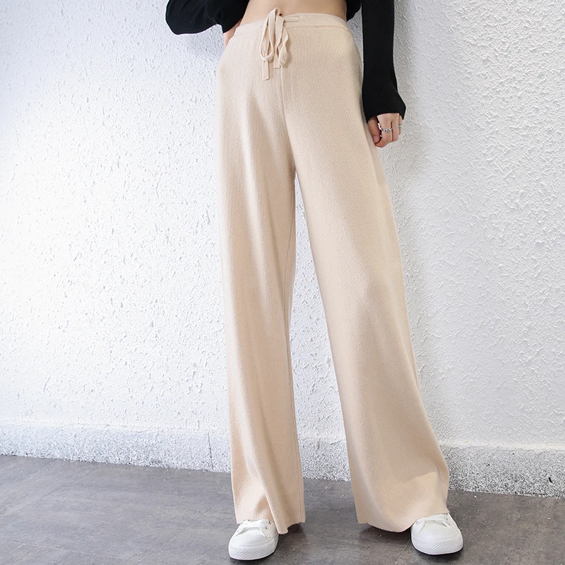 thin high waist trousers elastic casual women's wide leg pants 100% wool knitted mopping pants with elastic waist tie for women
