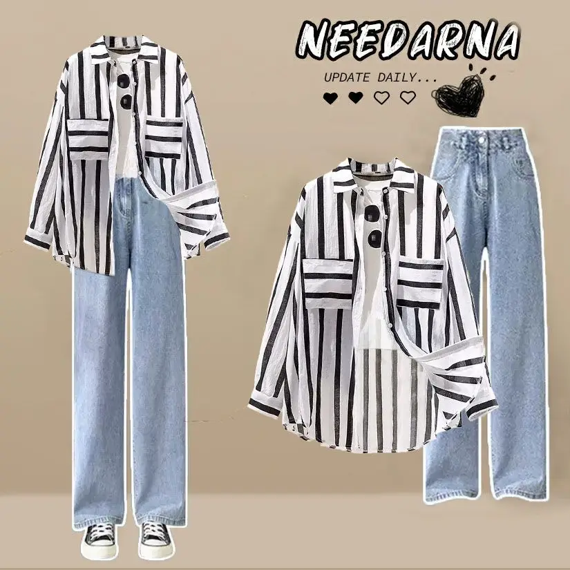 Summer Striped Patchwork Chiffon Shirt Wide Leg Pants Jeans Two-piece Elegant Women\'s Pants Set Casual Outfits Tracksuits