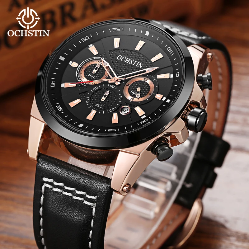 OCHSTIN Brand Men Watch Fashion Timing Multifunctional Date Luxury Quartz Waterproof Luminous Leather Strap