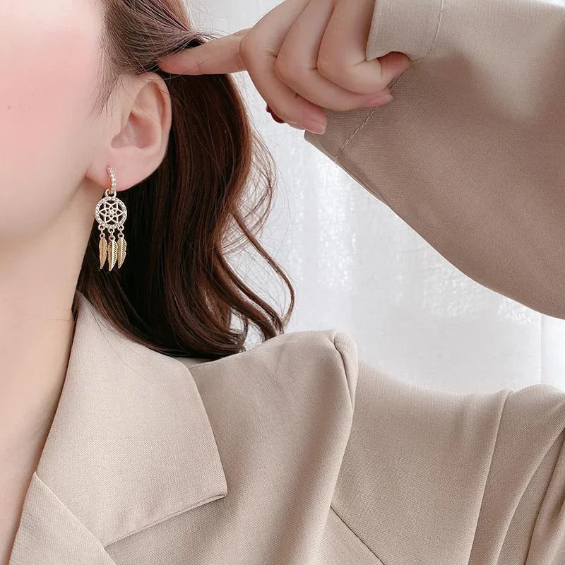 Exquisite Dream Catcher Feather Inlay Shiny Zircon Flower Tassel Earrings for Women Long Tassels Drop Earrings Geometric Jewelry