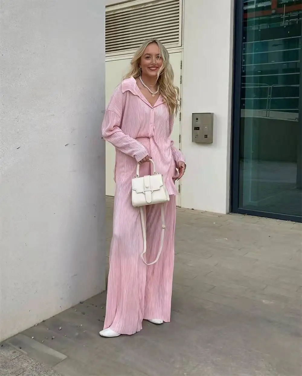 2024 Spring and Autumn Hot European and American Women's Clothing Solid Color Drape Loose Pleated Casual Two-Piece Set Spot Qi