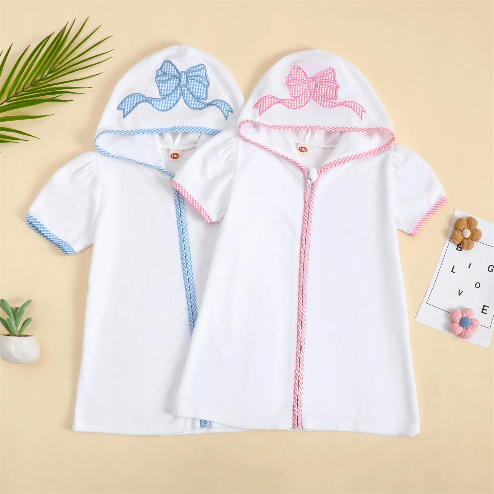 FOCUSNORM 4 Colors Kids Swim Coverups Bow/Elephant Embroidery Short Sleeve Hooded Robe Zip-Up Beachwear
