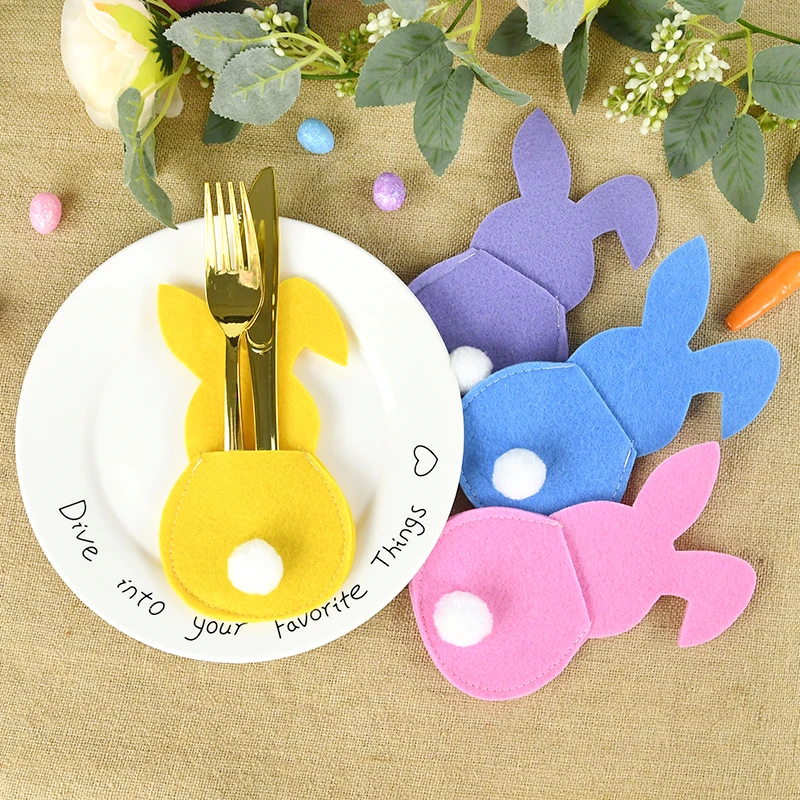 

4Pcs Easter Bunny Cutlery Bag Rabbit Felt Knife Fork Cover Cutlery Set Tableware Utensil Holders Bag Happy Easter Decor for Home