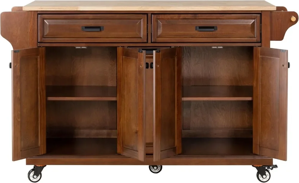 Rolling Kitchen Island Table on Wheels with Wood Top, Kitchen Island Cart with 4-Doors Storage Cabinet, 3-Drawers, Side Rack