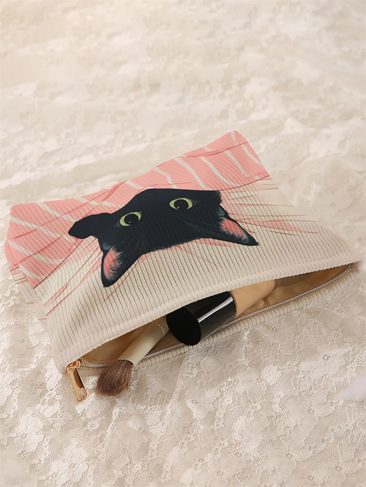 1 cat patterned corduroy makeup bag, lightweight zipper makeup storage box, multifunctional bag with lining