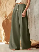 Women's Casual Pants Office Fashion Wide Leg Pants Lady Solid High Waist Button Long Pants For Women Spring Summer New Pants 1