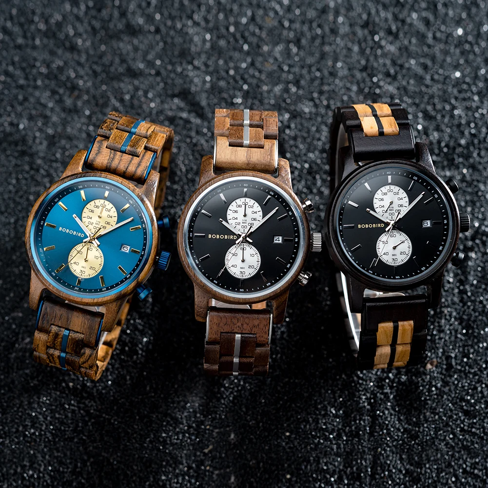 BOBO BIRD Wood Watches Men's Quartz Wristwatches Chronograph Date Display Timepiece For Men Great Gift With Wooden Box Dropship