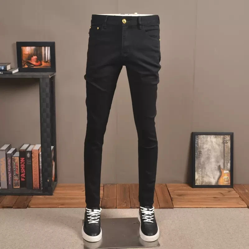 Men's Black Jeans Streetwear Slim Fit Straight Pants Korean Style Fashion Stretch Denim Trousers CP2032