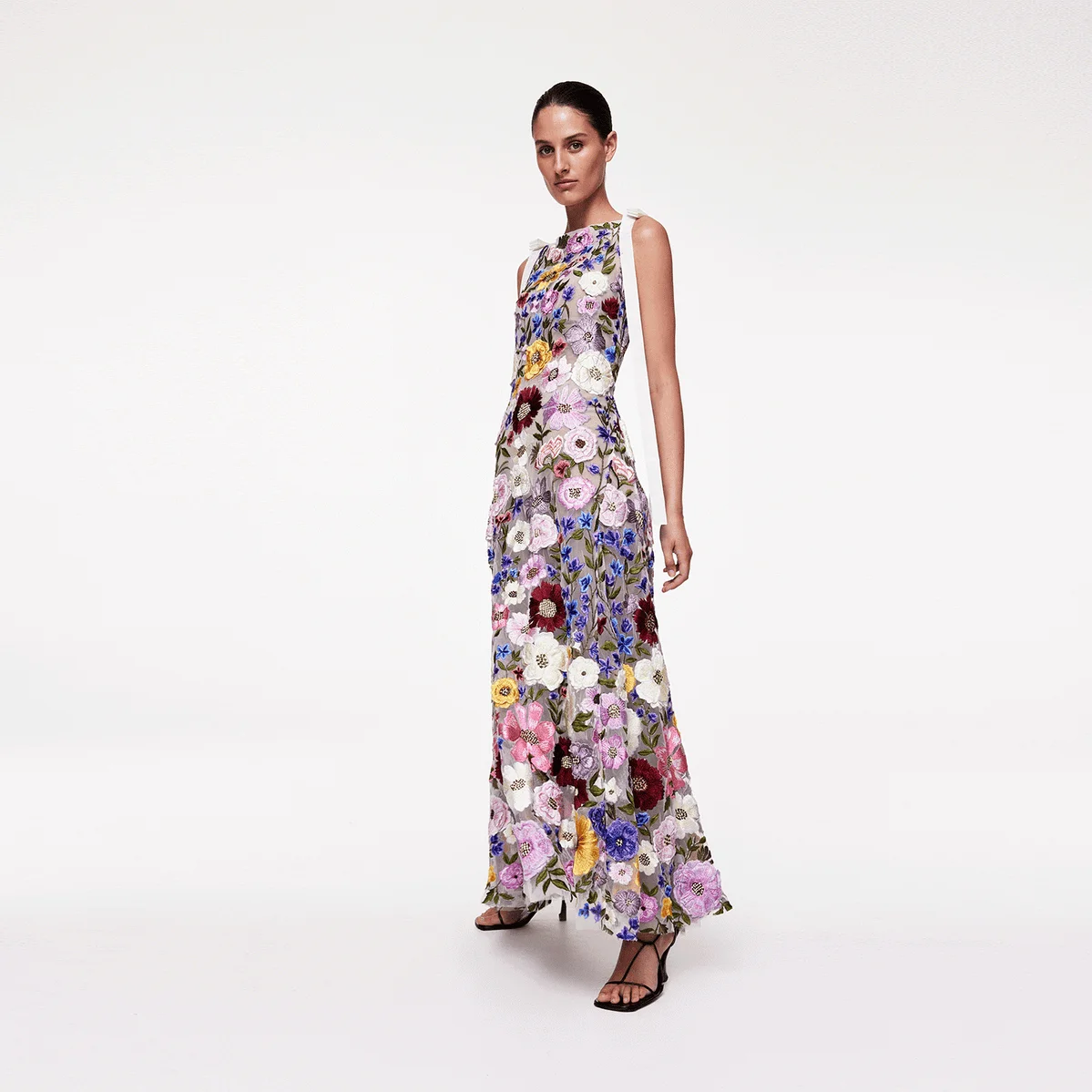 

Unique Mix Color Flowers Embroidery Prom Gowns Fashion Sleevelesss 3D Floral Long Formal Party Dresses Custom Made Prom Dress